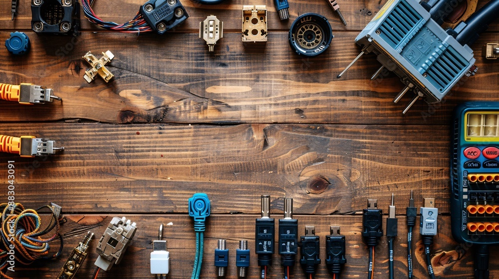 Aufkleber flat lay featuring a variety of telecommunications components like rj45 connectors patch cables and 
