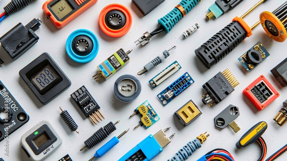 Aufkleber flat lay featuring a variety of telecommunications components like rj45 connectors patch cables and 