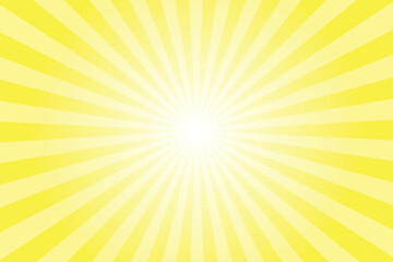 Yellow background with white sun ray. Pattern of starburst. Abstract yellow texture with light of sunburst. Radial beam of sunlight. Retro background with flash. Design of sunbeams.