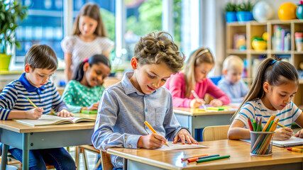 children writing  in classroom, educational concept, international literacy day, teacher's day