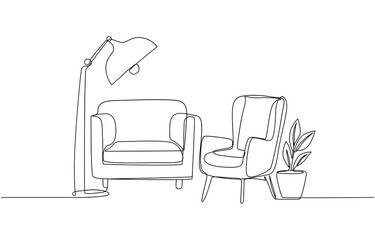 One continuous line drawing of couch and lamp and plant. Modern flat furniture for living room interior in simple linear style. Doodle vector illustration, chair line art style vector illustration.