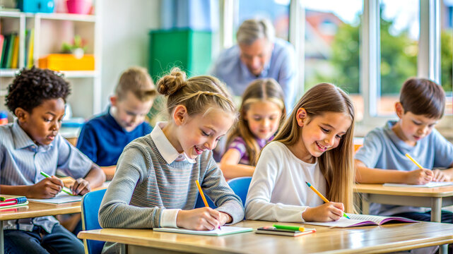 children writing in classroom with teacher in the background, educational concept, international literacy day, teacher's day
