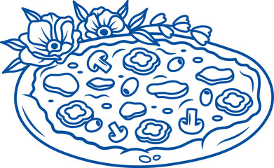 Whole vegetable pizza for vegetarians is decorated with flowers and delivered from pizzeria