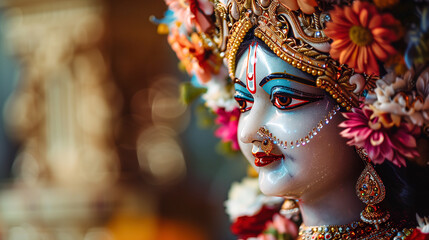 Close-Up of a Hindu goddess Durga Statue . Navratri festival