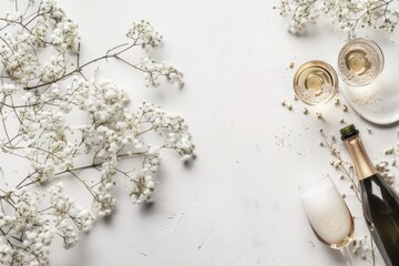 Elegant white flowers and champagne set on a light backdrop.