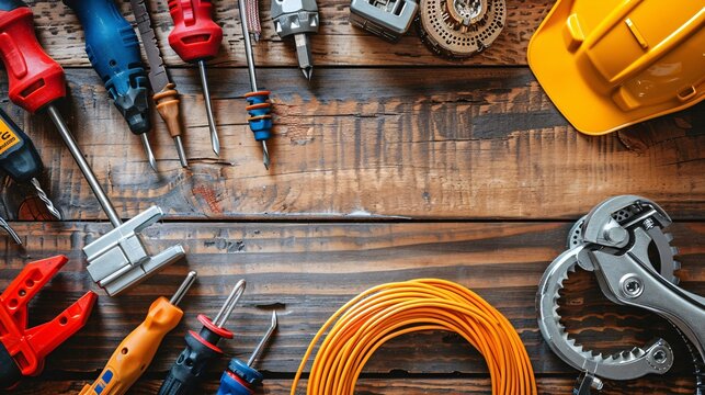 Top view of telecommunications work essentials including a fusion splicer keystone jacks and a network tester Stock Photo with copy space