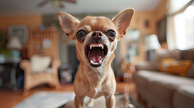 Close up photo of an angry grinning chihuahua showing his teeth in living room.Generative AI
