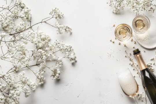 Elegant white flowers and champagne set on a light backdrop.