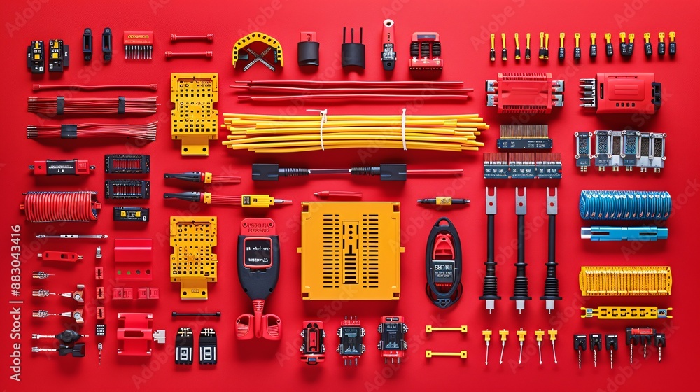 Poster neatly arranged flat lay of telecommunications tools including a fiber optic cleaver punch down tool