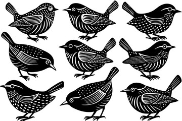 A set of bunches of Beautiful birds Wren with different poses silhouette black linocut vector illustration