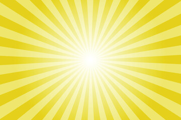 Obraz premium Yellow background with white sun ray. Pattern of starburst. Abstract citrine yellow texture with light of sunburst. Radial beam of sunlight. Retro background with flash. Design of sunbeams.