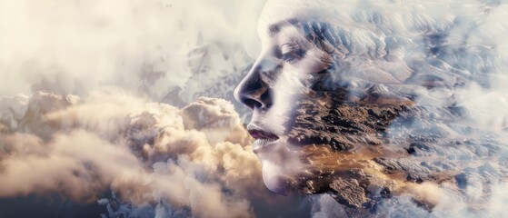 Obraz premium Abstract Portrait Of A Woman With Clouds And Mountains In The Background