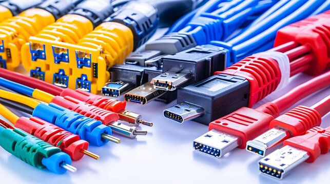 A comprehensive flat lay of essential telecommunications tools like crimping tools network testers and patch cords Stock Photo with copy space