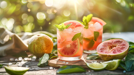 A refreshing guava and mint cocktail in the sunshine. Summer drink