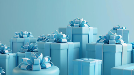 Sweet stack of square light aqua blue gift boxes ribbon pastel monochromatic background elegant...