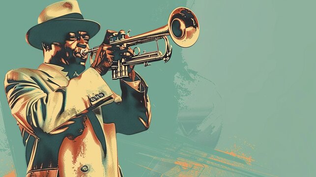 A stylized illustration depicts a man in a white suit playing a trumpet, evoking the timeless elegance and artistic dedication typical of jazz music and performance.