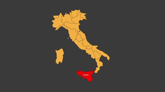 Sicilia map animated video. Map Highlighted on the Itali map with animation and colour with Gray background in video format.	

