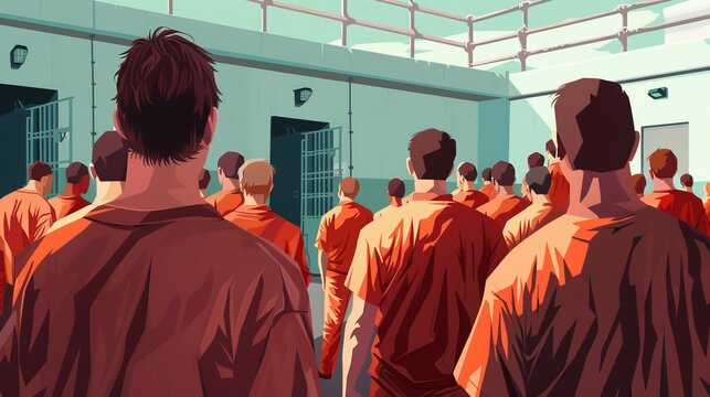 A depiction of inmates in a prison yard, all dressed in orange prison uniforms, standing in a group and facing a prison building under a clear sky with shadows cast on the ground.
