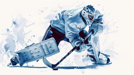 An ice hockey goalie making an acrobatic save in action. The goalie is equipped with full gear and is stretching out to block the puck with impressive agility and focus.