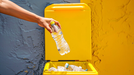 Person disposing of plastic water bottle in yellow recycling bin