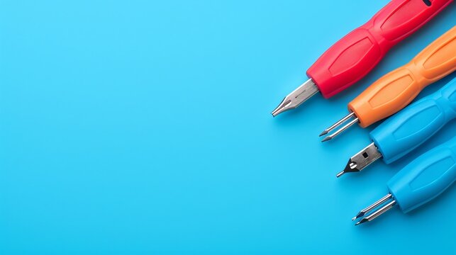 A flat lay of essential telecommunications tools like crimping tools network testers and patch cords Stock Photo with copy space