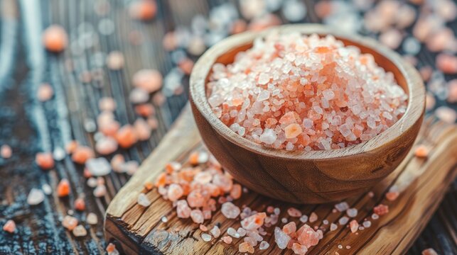 Pink Himalayan salt on wood surface