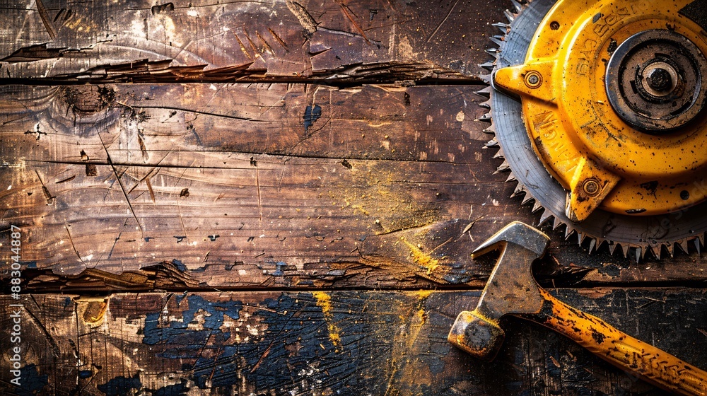 Poster comprehensive flat lay featuring a circular saw hammer and a set of safety equipment stock photo wit