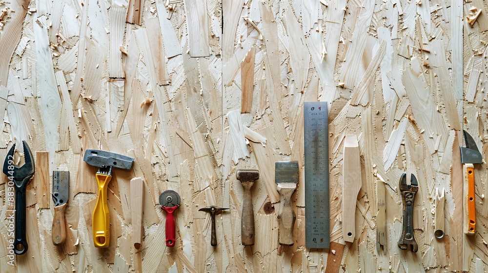 Poster Neatly arranged construction tools including a saw measuring tape and a utility knife Stock Photo with copy space