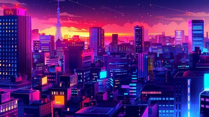 A captivating cityscape featuring neon lights and a breathtaking sunset sky, showcasing towering skyscrapers and the energetic atmosphere of a bustling urban environment.