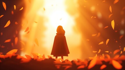 Silhouette of woman standing in golden light with falling leaves cartoon illustration.