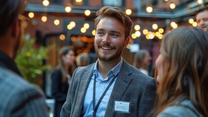 Business professionals networking during an outdoor event, engaging in conversation under warm, decorative lights in the evening.