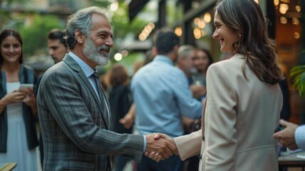 Business professionals shaking hands at a networking event, surrounded by a group of people in an outdoor setting.