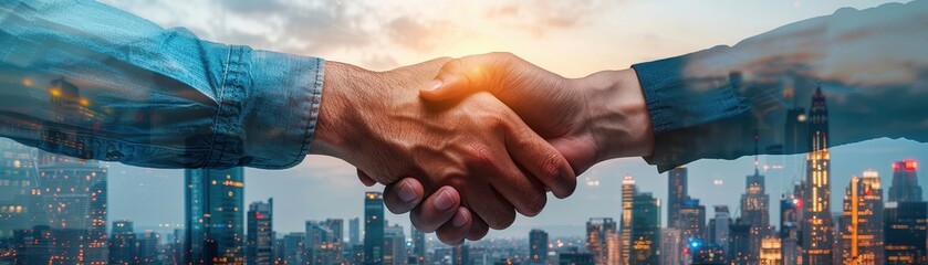 Close-up of a handshake with a city skyline in the background, representing business partnership, agreement, and successful collaboration.