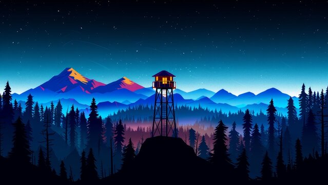 Silhouette of a firewatch against the background of the mountains and the forest