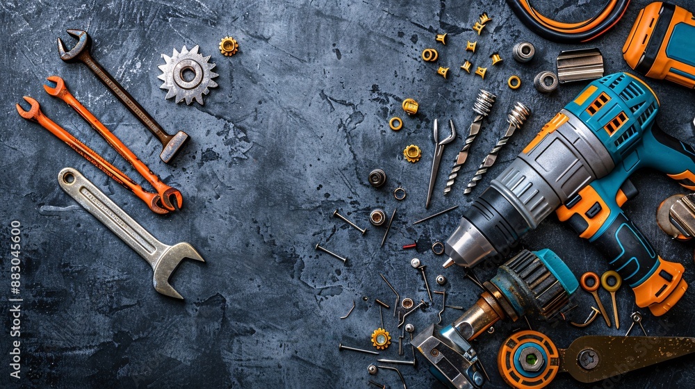 Poster neatly arranged flat lay of construction tools including a power drill saw and various screws and na