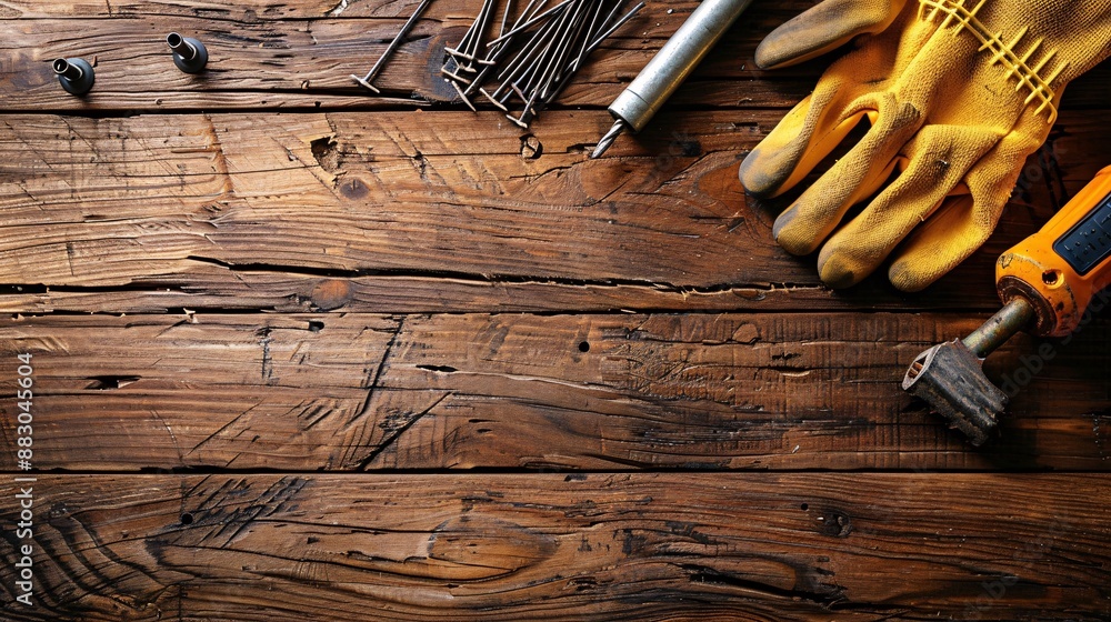 Poster flat lay featuring a variety of construction components like nails screws and a set of safety gloves