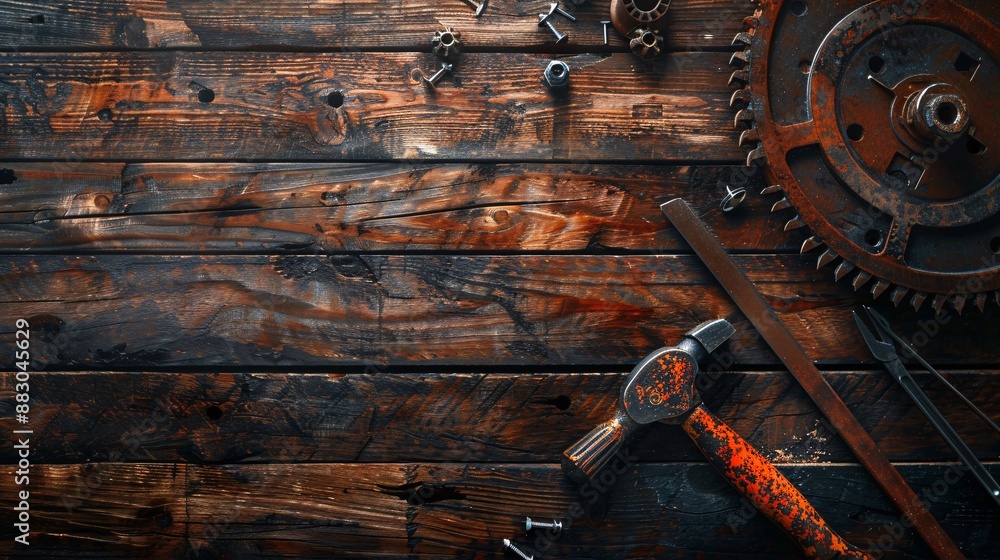 Poster top view of construction equipment including a circular saw hammer and various screws and nails stoc