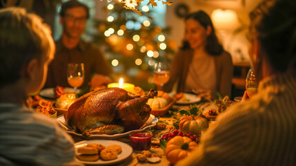 Festive family thanksgiving dinner with roasted turkey and candlelight