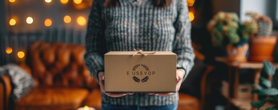 Person holding a cardboard delivery box in a cozy living room environment with string lights in the background.