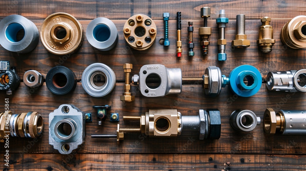 Poster organized flat lay featuring a pipe cutter plumber's tape and a selection of valves and connectors s