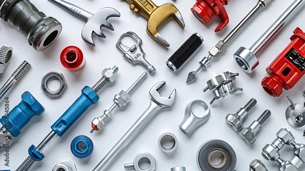 Poster top view of essential plumbing tools and components like pipe wrenches teflon tape and various pipe 