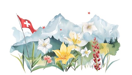 Watercolor Painting of Swiss Alps with Flowers