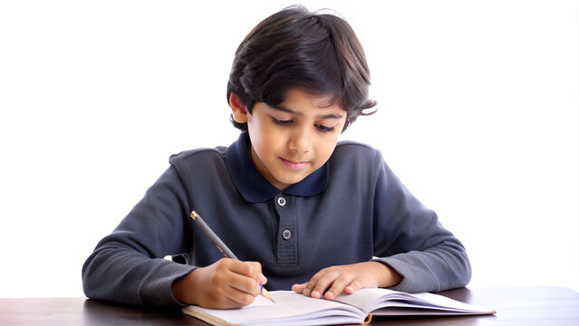 boy writing at desk with white background,  schoolchildren study at home, homework, international literacy day, teacher's day
