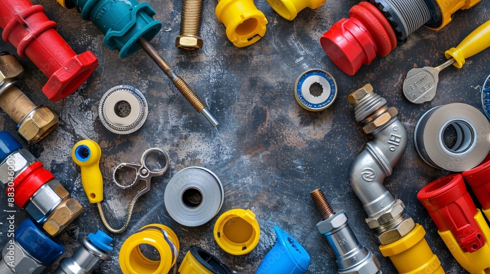 Poster flat lay featuring a variety of plumbing components like pipe joints teflon tape and a spool of sold