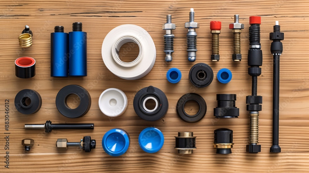 Poster flat lay featuring a variety of plumbing components like pipe joints teflon tape and a spool of sold