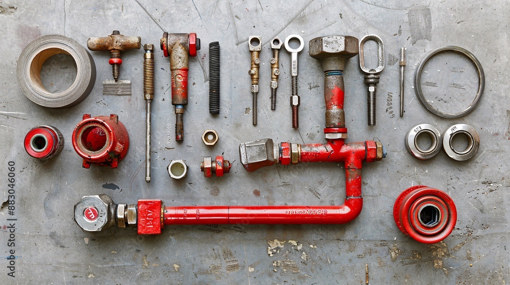Poster top view of plumbing work essentials including a pipe cutter plumber's tape and a selection of fitti