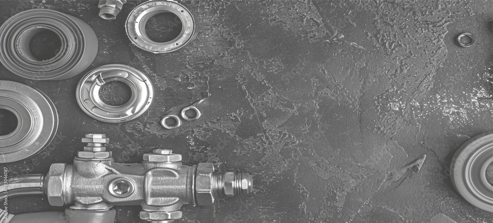 Poster top view of plumbing work essentials including a pipe cutter plumber's tape and a selection of fitti