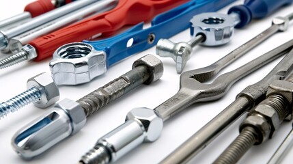 Fototapeta premium Neatly organized plumbing tools including a pipe cutter basin wrench and a range of pipe fittings and connectors Stock Photo with copy space