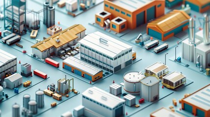 A detailed aerial view of a modern industrial complex featuring multiple factories and warehouses, showcasing the structured and organized layout of industry facilities.
