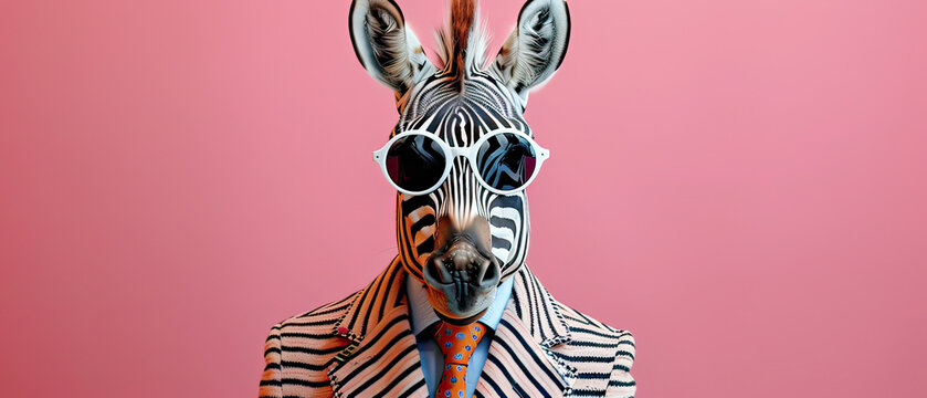 Cool looking zebra wearing funky fashion dress and jacket.Generative AI
